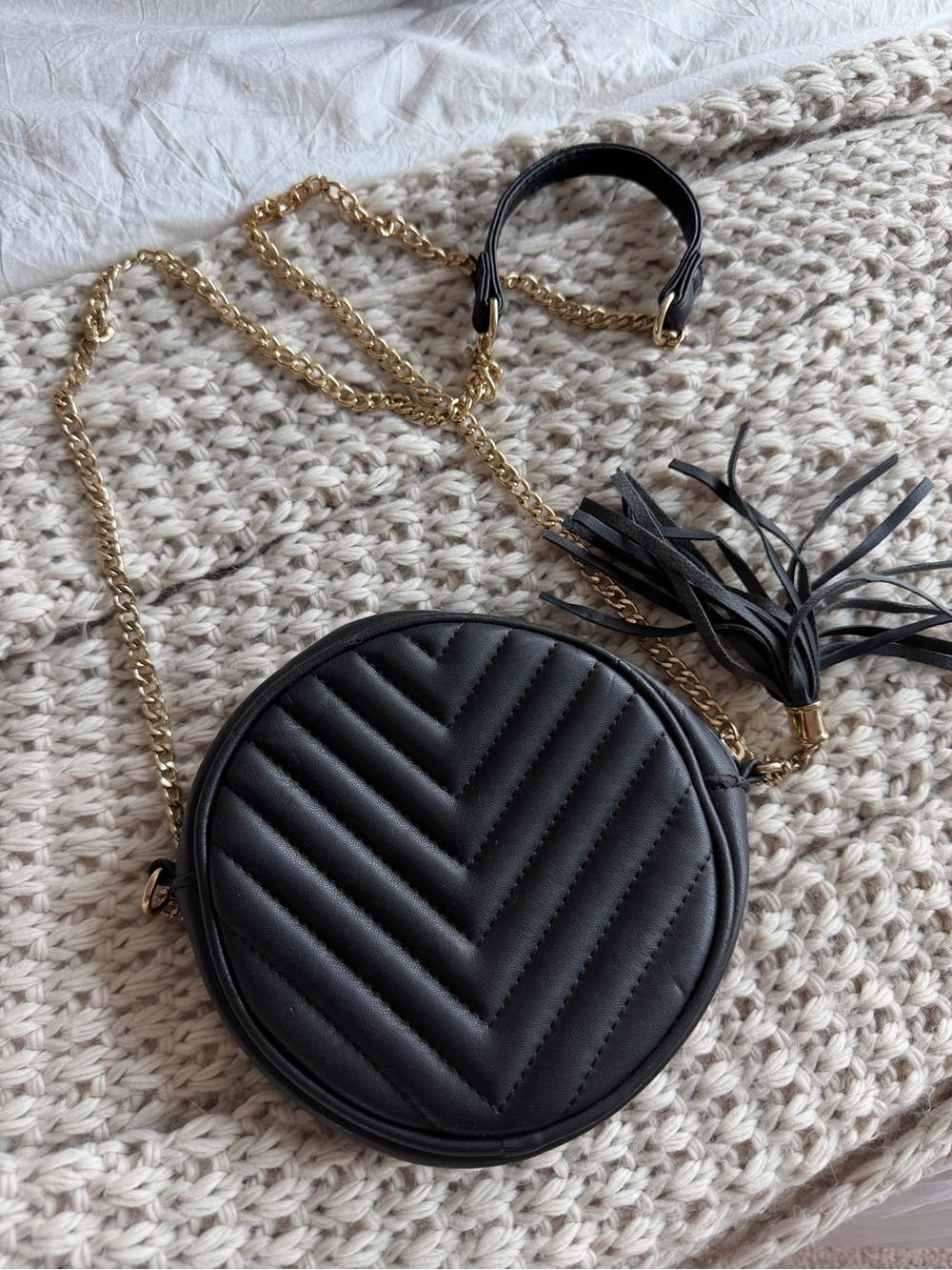 Black Quilted Round Crossbody Bag with Tassel Gold Chain